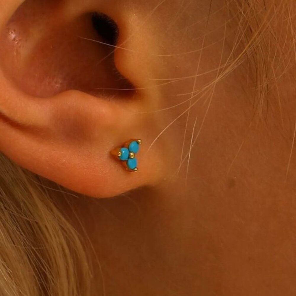 Turquoise Trio Stud Earrings December Birthstone Gold Cluster Dainty Studs - Picture 9 of 15